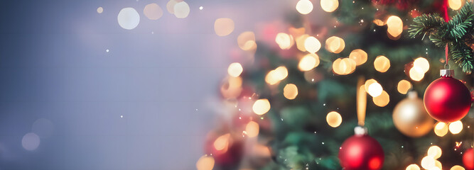 christmas tree with baubles and bokeh blurred lights on background. copy space. greetings card.