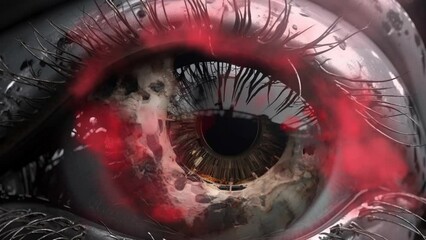 Wall Mural - 3d rendered animation of a black and white eye with red smoke surrounding it