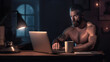 © lucky pics - gorgeous athletic beraded tattooed shirtless caucasian man using laptop pc at late evening in home office. Neural network generated in May 2023. Not based on any actual person or
