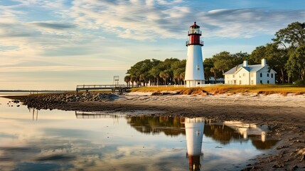 Wall Mural - Early Morning Beacon: The White Lighthouse Tower on St Simons Island's Coast with Ocean and Sky in the Background. Generative AI