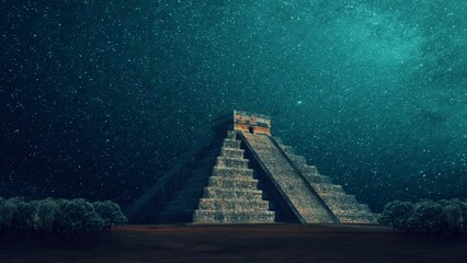 Wall Mural - 3d rendered animation of a mesoamerican pyramid with the starry sky in the background
