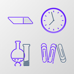 Poster - Set line Paper clip, Test tube and flask chemical laboratory test, Clock and Eraser rubber icon. Vector