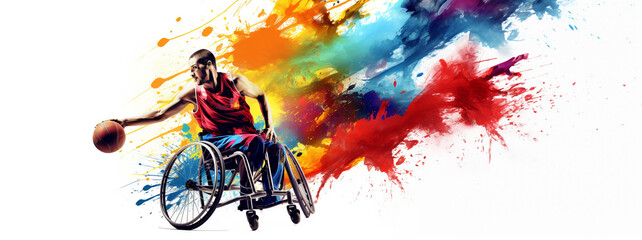 Wall Mural - Disability weelchair basketball sport player, colorful splash illustration