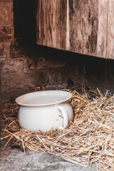 Wall Mural - White old chamber pot in straw outside a privy