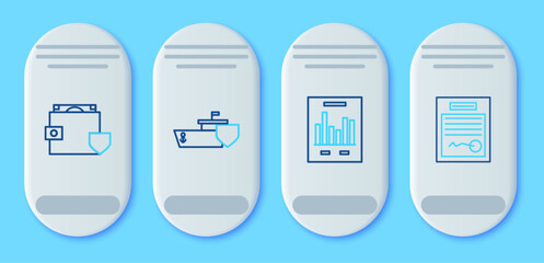 Sticker - Set line Ship with shield, Document graph chart, Wallet and money and Filled form icon. Vector