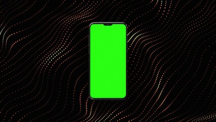 Mobile screen frame for images and copy text. Green screen smartphone mockup on the background of dynamic particles sound flow wave flowing over dark, neon wave of glowing dots. High quality video.