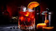 © Prasanth - Espresso Negroni alcoholic cocktail drink with dry gin, red vermouth and red bitter, espresso and coffee liqueur, orange slice and ice cubes. Black bar counter background, bar tools, bottles