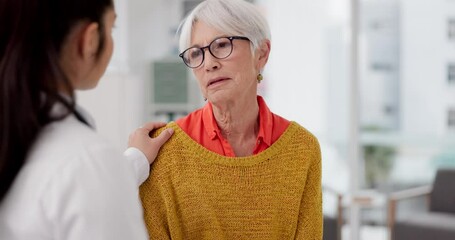 Canvas Print - Healthcare, shoulder pain and a woman patient with her doctor in a hospital, talking during a consultation. Medical, insurance or anatomy and a female person in a clinic with a medicine professional