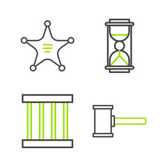 Poster - Set line Judge gavel, Prison window, Old hourglass with sand and Hexagram sheriff icon. Vector