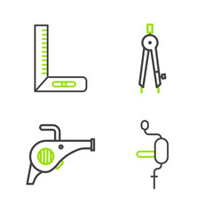 Sticker - Set line Hand drill, Leaf garden blower, Drawing compass and Corner ruler icon. Vector