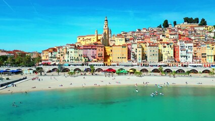 Sticker - Aerial of the colorful buildings of Menton city in France on a sunny day