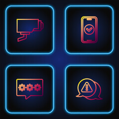 Poster - Set line Exclamation mark in triangle, Password protection, Security camera and Smartphone. Gradient color icons. Vector