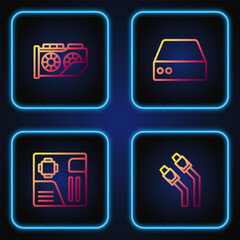 Poster - Set line LAN cable network internet, Motherboard digital chip, Video graphic card and Server, Data, Web Hosting. Gradient color icons. Vector