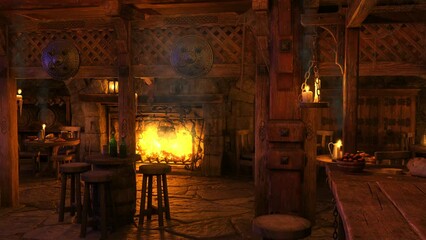 Poster - View from the bar in an old fantasy medieval tavern with candle light and open fire. 3D animation.