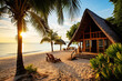 Eco-lodge or ecolodge bungalow with palms, ocean and beach view, ecotourism concept
