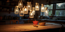 An Upcycled Chandelier Made From Mason Jars In A Rustic Kitchen Setting. Warm, Ambient Lighting. Before Image Showing Scattered Materials On A Wooden Table