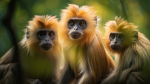 A Group Of Golden Langurs Huddled Together, Creating A Warm, Familial Scene Amidst The Cool Green Tones Of The Forest