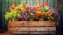 Rustic Wooden Pallet Transformed Into A Colorful Garden Planter, Laden With Vibrant Flowers, In A Sunny Backyard, Artistic View