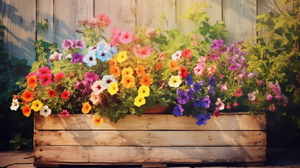 Wall Mural - Rustic wooden pallet transformed into a colorful garden planter, laden with vibrant flowers, in a sunny backyard, artistic view