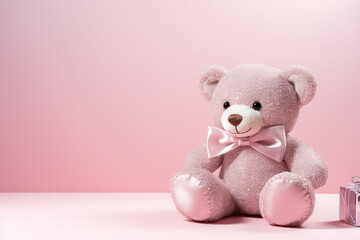 One cute plush glittery toy bear with pink bow isolated on pink background with copy space for text. Toy store banner template. 3d render illustration style.