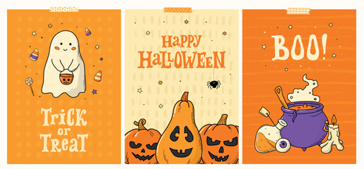Wall Mural - set of Halloween posters, prints, cards, invitations, banners, templates, wallpapers with cute doodles and lettering quotes. EPS 10