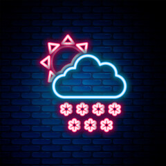 Wall Mural - Glowing neon line Cloud with snow and sun icon isolated on brick wall background. Cloud with snowflakes. Single weather icon. Snowing sign. Colorful outline concept. Vector