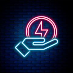 Poster - Glowing neon line Lightning bolt icon isolated on brick wall background. Flash sign. Charge flash icon. Thunder bolt. Lighting strike. Colorful outline concept. Vector