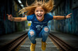 teen girl is playing on the railroad tracks. dangerous games. child safety concept