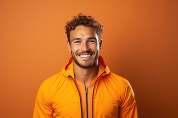 Wall Mural - Portrait of smiling young man of athletic build in sports uniform isolated on orange background. Creative banner of fitness center with copy space.