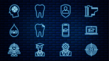 Poster - Set line Target with dollar, Graduation cap on laptop, User protection, Broken tooth, Water drop H2O, Head hunting concept, mobile and Tooth icon. Vector