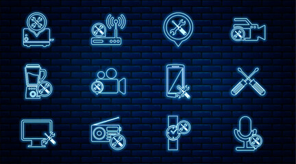 Wall Mural - Set line Microphone service, Crossed screwdrivers, Location, Video camera, Blender, Toaster, Smartphone and Router wi-fi icon. Vector