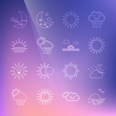 Poster - Set line Sunset, Cloud with moon and stars, rain sun, Moon icon and icon. Vector