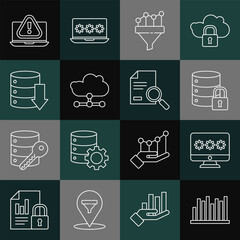 Sticker - Set line Pie chart infographic, Monitor with password, Server security lock, Sales funnel, Network cloud connection, Server, Data, Web Hosting, Laptop exclamation mark and Document search icon. Vector