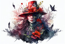 Portrait Of A Beautiful Forest Witch With Red Hair In A Wide-brimmed Hat Painted In Watercolor. AI Generated