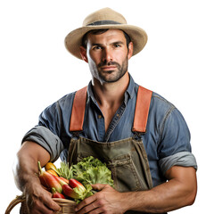 Young tanned farmer in a hat in overalls. A courageous farmer is holding a basket of vegetables. Isolated on a transparent background.