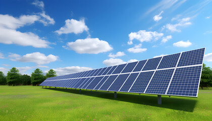  Outdoor solar panels, solar field, blue sky with white clouds, clean energy, green energy, alternative energy, eco