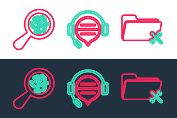 Sticker - Set line Folder service, Microorganisms under magnifier and Headphones with speech bubble chat icon. Vector