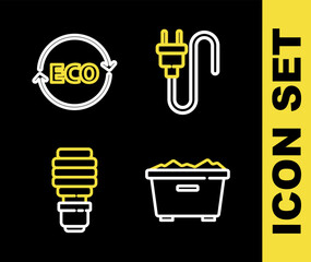 Poster - Set line Electric plug, Trash can, LED light bulb and Label for eco healthy food icon. Vector