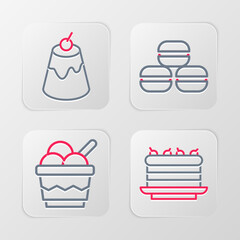 Sticker - Set line Cake, Ice cream in bowl, Macaron cookie and Pudding custard icon. Vector