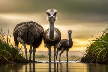 Family Of African Ostrich (Struthio Camelus) With Young Chicks In Nature Reserve Park, Middle East