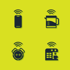 Sticker - Set Wireless smartphone, Smart coffee machine, Robot vacuum cleaner and electric kettle icon. Vector