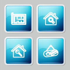 Sticker - Set line House plan, Search house, with key and Hanging sign Sold icon. Vector