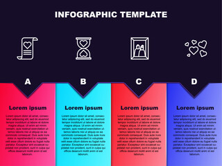 Poster - Set line Envelope with Valentine heart, Heart the center hourglass, Picture frame and . Business infographic template. Vector