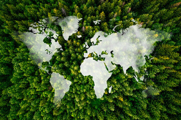 Wall Mural - Sustainable habitat world concept. Distant aerial view of a dense rainforest vegetation with lakes in a shape of world continents, clouds. 3d rendering.