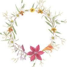 Wreath Of Garden Flowers. Clematis, Hosta, Chamomile. Floral Element To Create Decor, Prints In Vintage, Victorian And Boho Style.