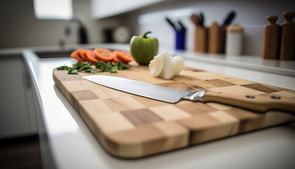 Wall Mural - Close up modern kitchen table with cutting or chopping board, vegetables and knife. Indoor background with selective focus.
