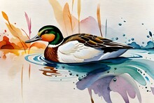 Watercolor Painting Of A Duck In The Water