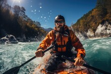 Kayaking At Its Best Man In Kayak Sailing In A Mountain River
