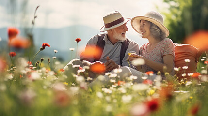 an elderly couple enjoying a picnic in a vibrant, flower - filled meadow, warm, sunny day, simple joy