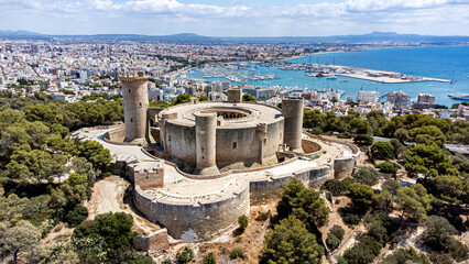 Sticker - Aerial view of the Castell de Bellver (Bellver Castle), a gothic-style castle built in the 14th century on a hill overlooking Palma on the Balearic island of Majorca (Spain) in the Mediterranean Sea